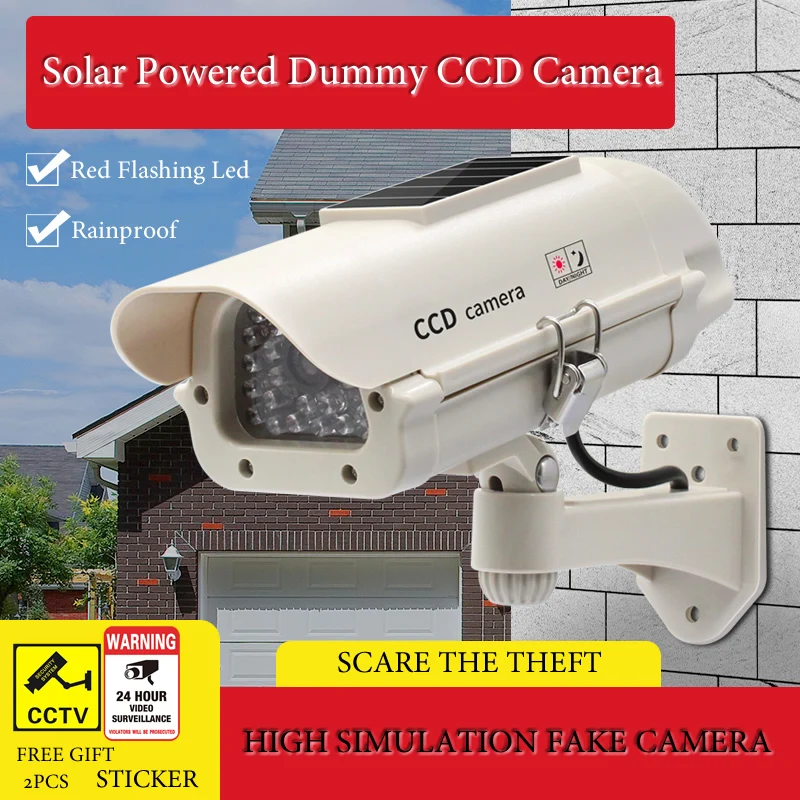 

Solar Powered Waterproof Fake Camera Dummy CCD Security Camera Red Flashing Leds Home Office Surveillance System Scare Theft