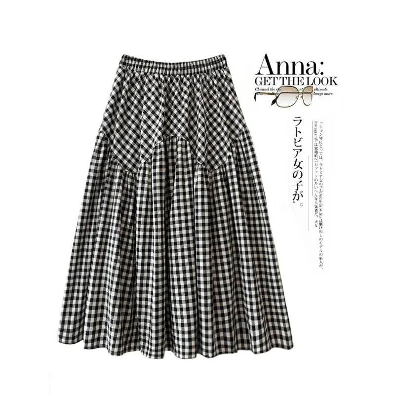 

Design Sense Art Retro Plaid High Waist Slimming A- line Skirt 2024 New Patchwork Big Hem Umbrella Skirt Long Skirt Qingyfs