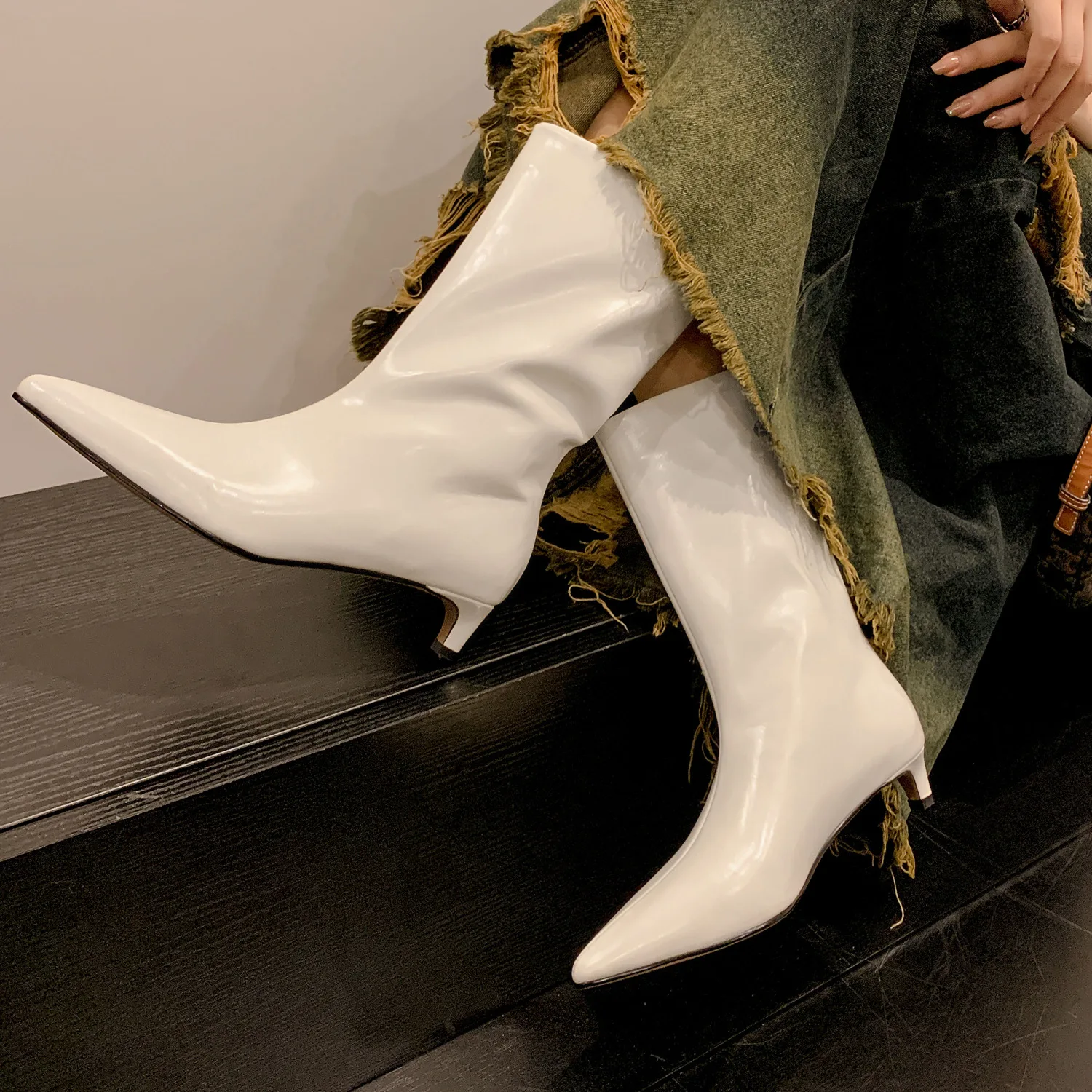 

Pointed Toe Stiletto White Ankle Boots Slip-On Wide-Leg Leather Mid-Calf Botines Simple Solid Color Plus Size Women Botas