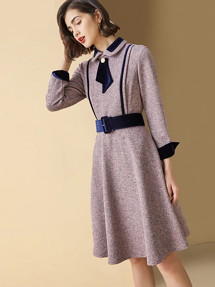 Abrini Stitching A-line Elegant Dress Women Autumn Winter With Belt Peter Pan Collar Dresses Long Sleeve Office Lady Vestidos
Abrini Stitching A-line Elegant Dress Women Autumn Winter With Belt Peter Pan Collar Dresses Long Sleeve Office Lady Vestidos