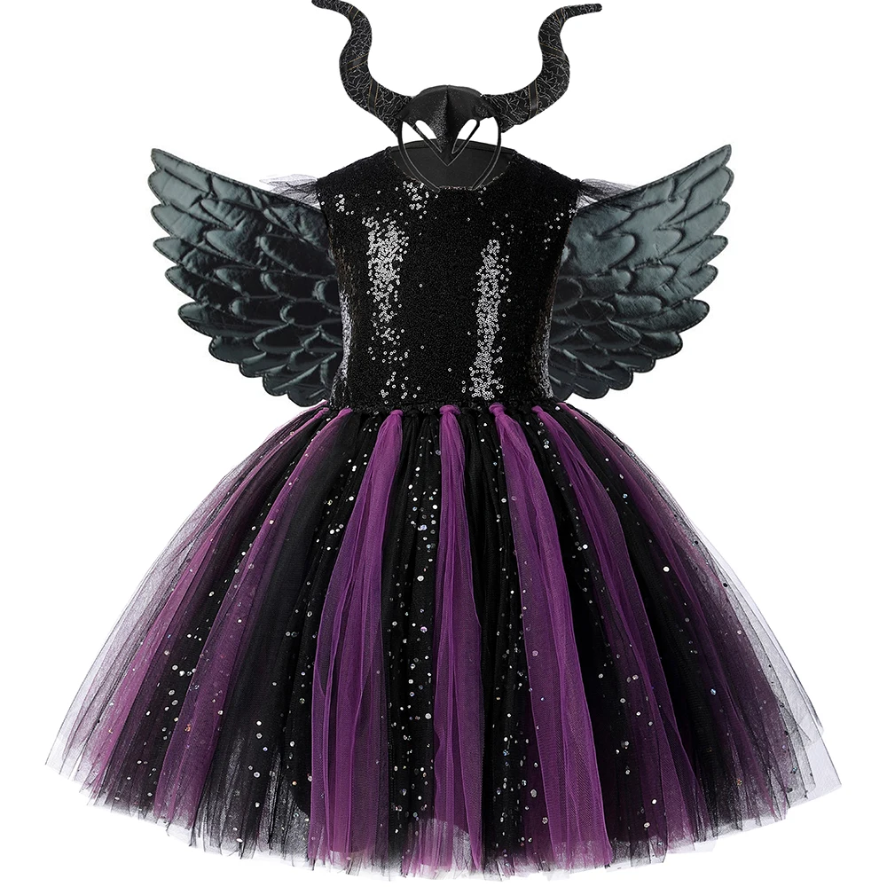 

Halloween Costume for Kids Evil Queen Malefice Tutu Dress Sparkly Sequins Villain Witch Cosplay Tulle Princess Dress for Girls