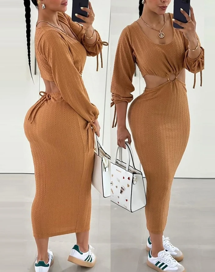 

2024 Summer Women's Dress Elegant Casual Daily U-Neck Buckle Cutout Tied Detail Cable Textured Long Sleeve Bodycon Midi Dress