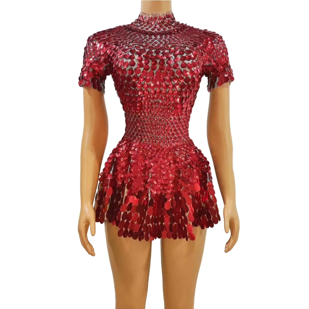 

Women Sparkly Shell Sequin Bodysuits Short Sleeve Party DJ DS Gogo Stage Wear Nightclub Red Black Silver Drag Queen Costume
