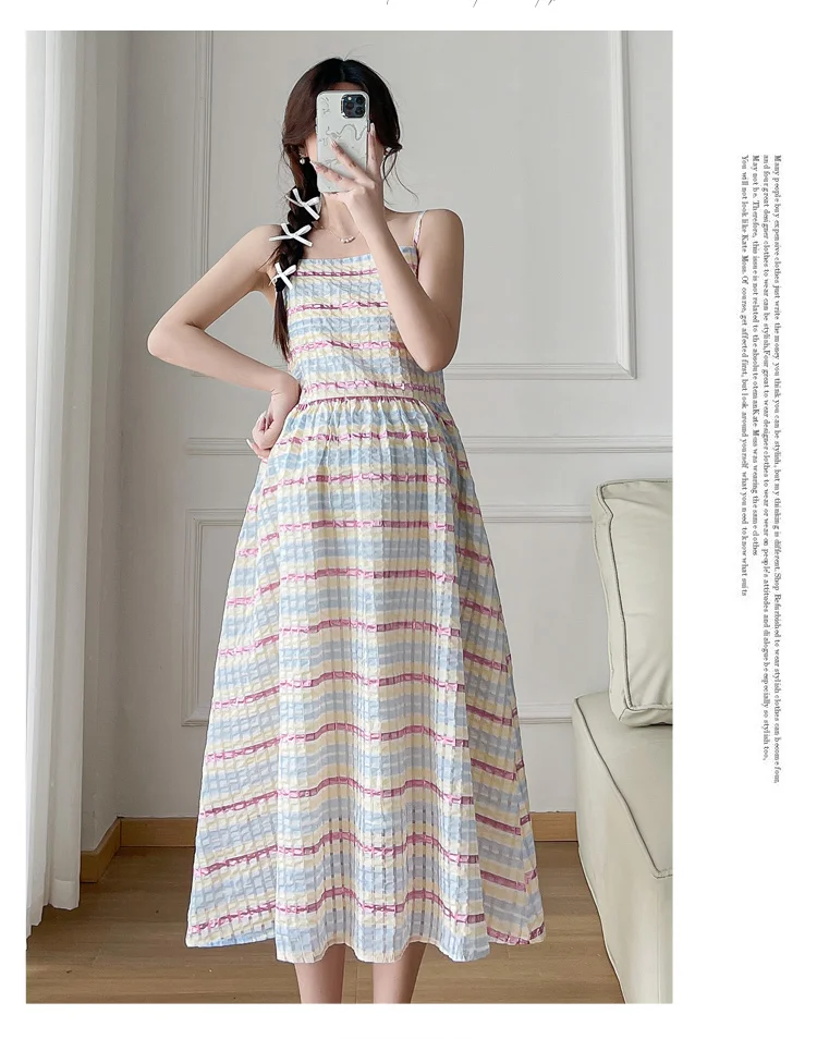 French Style Maternity Holiday Dress Block Color Striped Sleeveless Pregnant Woman Pleated Chiffon Dress Plus Size Beach Dresses 16 S9f508c589a1244d18be40a1232d09eb4V