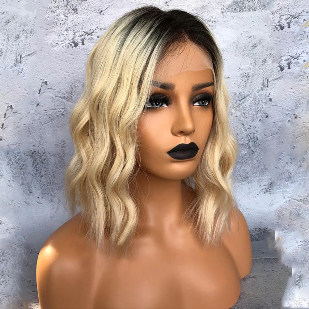 

Ombre Blonde Wavy Short Bob Brazilian Remy Human Hair Full Lace Wig 4x4 Silk Base For Women Glueless Pre Plucked With Baby Hair