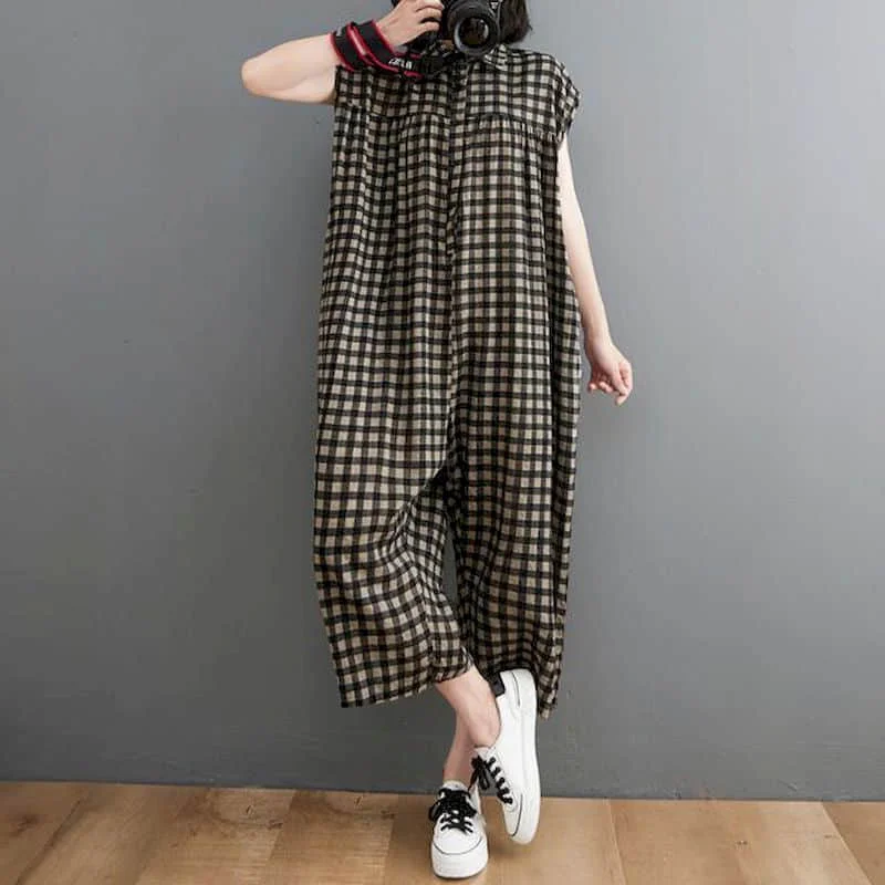 

Plaid Jumpsuits for Women Sleeveless Casual Literary Polo-neck Playsuits Loose One Piece Outfit Women Calf-Length Lantern Pants