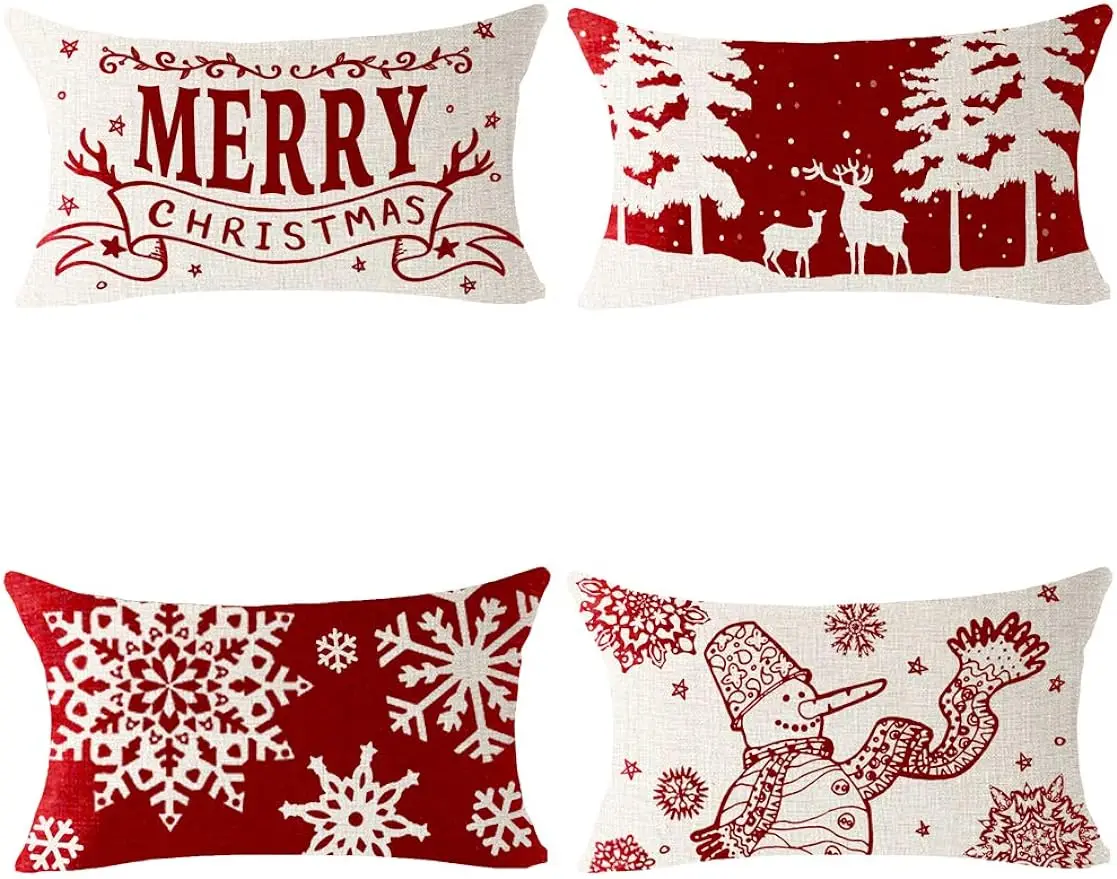 

Plaid Christmas Merry Snowman Deer Pine Snowflake Blessing Gift Throw Pillowcase Linen Waist Pillowcase Decoration
