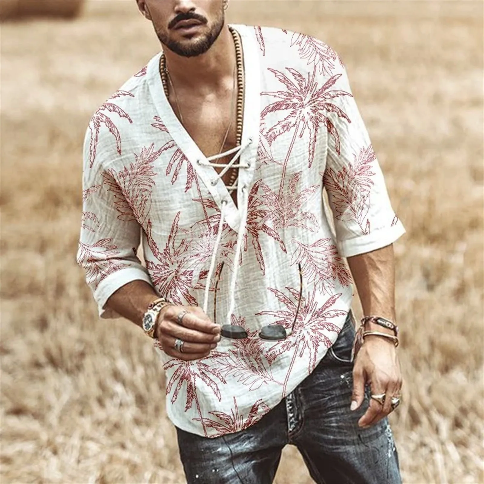 Men Shirts Lace Medium Sleeve Leaf Print Shirts Summer Loose Fit Hawaiian Breathable Streetwear Spring Beach Shirts Male Camisa
Men Shirts Lace Medium Sleeve Leaf Print Shirts Summer Loose Fit Hawaiian Breathable Streetwear Spring Beach Shirts Male Camisa