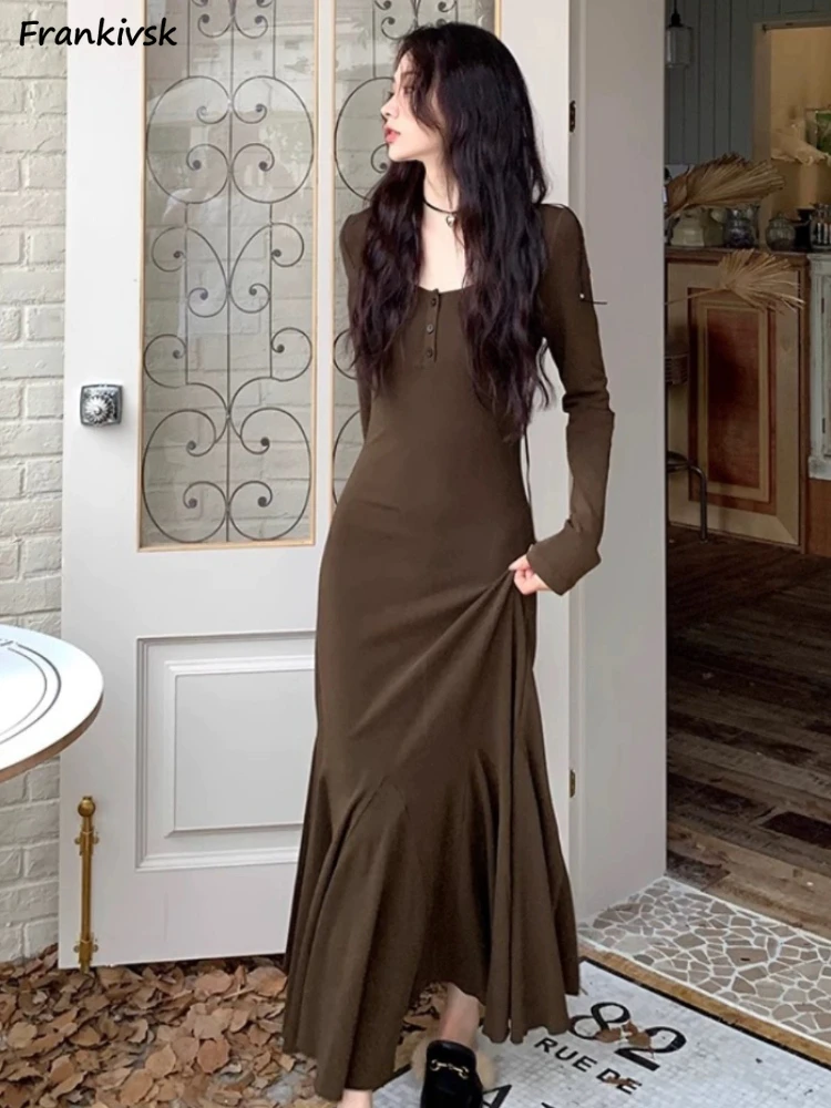 Dresses for Women Slim Pure Simple Button Autumn Trendy Mature Vintage All-match Draped Thin Temperament French Style Streetwear 
Dresses for Women Slim Pure Simple Button Autumn Trendy Mature Vintage All-match Draped Thin Temperament French Style Streetwear
