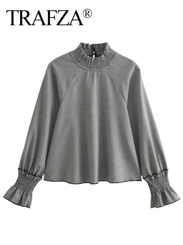 

TRAFZA 2024 Spring Women Fashion Blouses Gingham Raglan Sleeves Loose Shirts Woman Pleats Versatile Streetwear Female Shirt