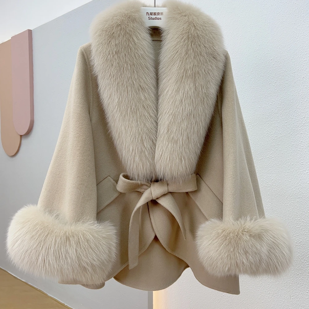 

2024 Real Fur Coat Winter Jacket Women Natural Fox Fur Collar Cuffs Belt Cashmere Wool Woolen Ladies Outerwear Streetwear
