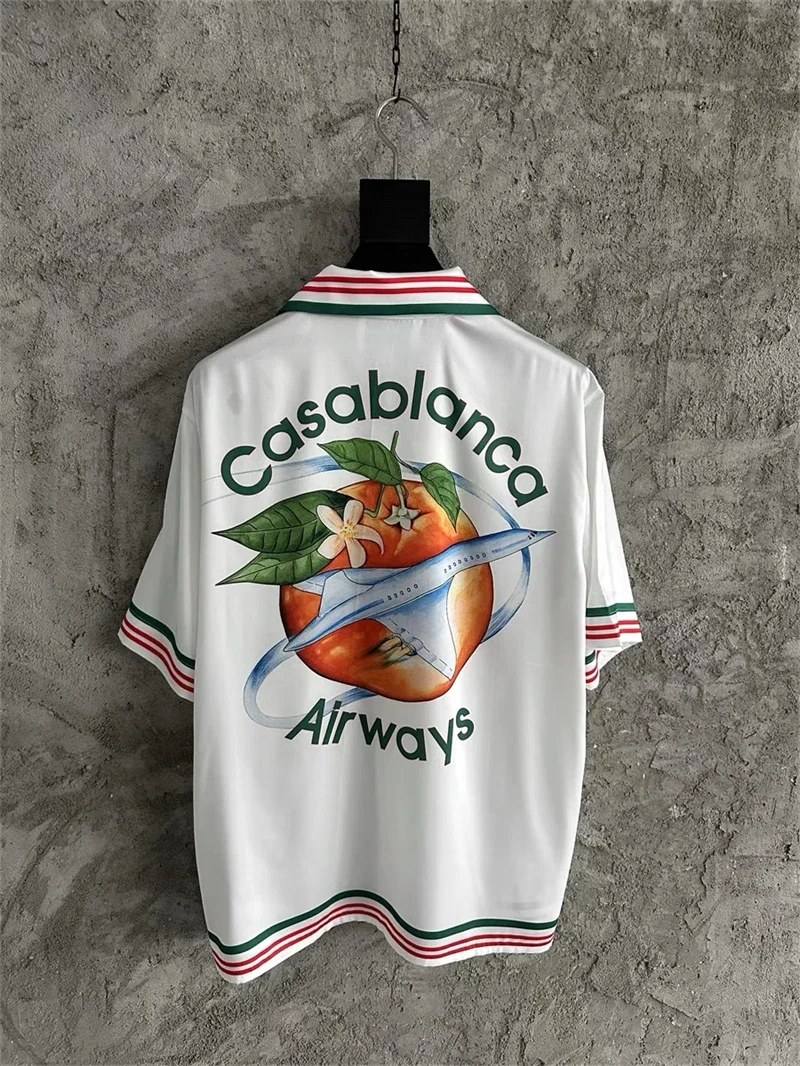 

23SS New Style White Silk Casablanca Shirts Men Women 1:1 Streetwear Aircraft Orange Print Short Sleeve Hawaii Beach Shirt New