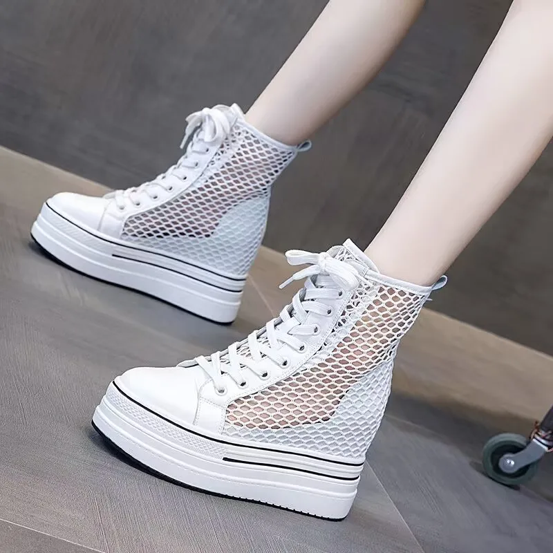 

Woman Platform Sneakers Wedge Shoes Summer Female 8cm Height Increasing Ladies Hollow Mesh Breathable Casual Shoes Canvas Shoes