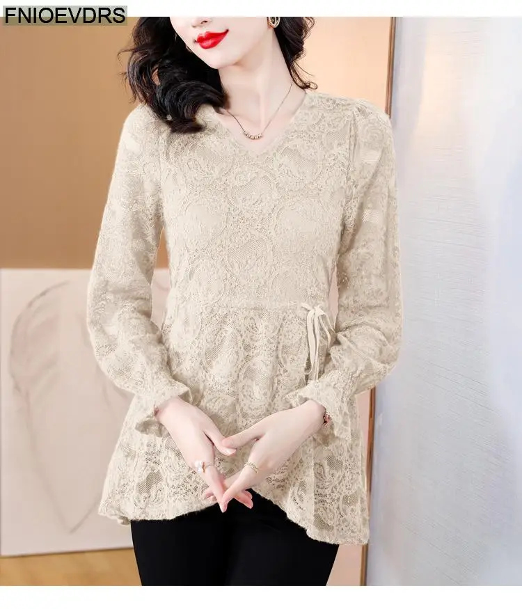 M-4XL Hollow Out Lace Shirts2023 Women European Style Office Lady Drawstring Waist Bow Tie Thick Winter Tunic Peplum Top Blouses M-4XL Hollow Out Lace Shirts2023 Women European Style Office Lady Drawstring Waist Bow Tie Thick Winter Tunic Peplum Top Blouses