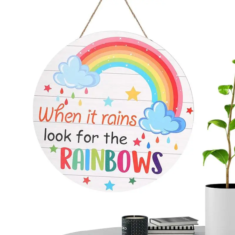 

When It Rains Look For The Rainbows Sign Rainbow Wooden Signs Wood Hanging Plaque Home Room Wall Decor Inspirational Plaque