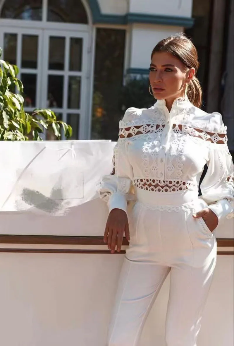 

Women White Pant Suit 2023 New Jacquard Lace Embroidery Short Lantern Sleeves Tops And Straight Trouser Elegant Lady 2 Piece Set