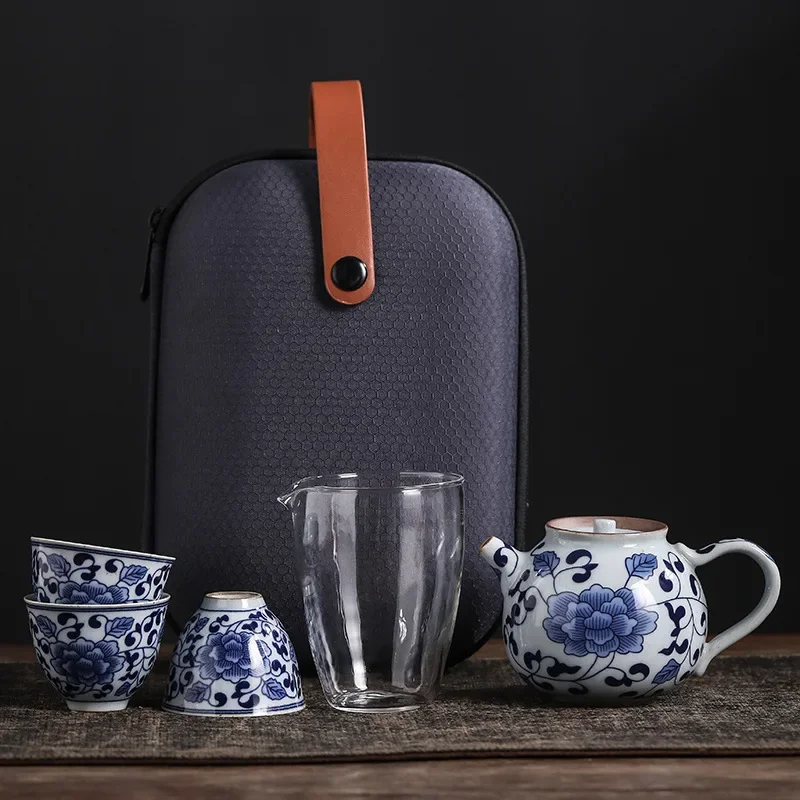 

Сине-белый фарфор с дорожным чаем, портативный керамический набор для хранения чая, чайный набор для чайной церемонии, чайник с чашкой