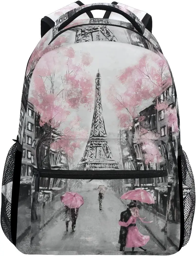 

Pink Cherry Blossom Paris Eiffel Tower Backpacks Bookbag Shoulder School Computer Hiking Gym Travel Casual Travel Daypack