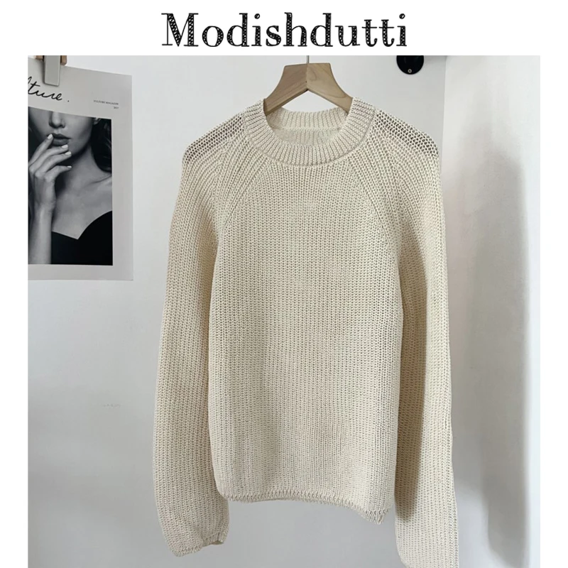 

Modishdutti 2024 High Quality Women Fashion Loose Round Neck Knitted Sweater Female Solid Casual Long Sleeve Pullovers Top