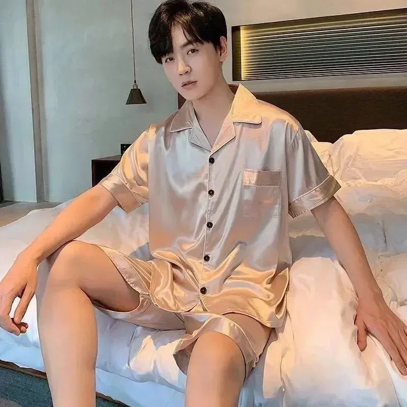 Color Thin Summer Short Men Solid Sets Sleepwear Sleeve Casual 2pcs Male Shirt+shorts Suit Clothes Home Satin Pajama Silk Ice 
Color Thin Summer Short Men Solid Sets Sleepwear Sleeve Casual 2pcs Male Shirt+shorts Suit Clothes Home Satin Pajama Silk Ice