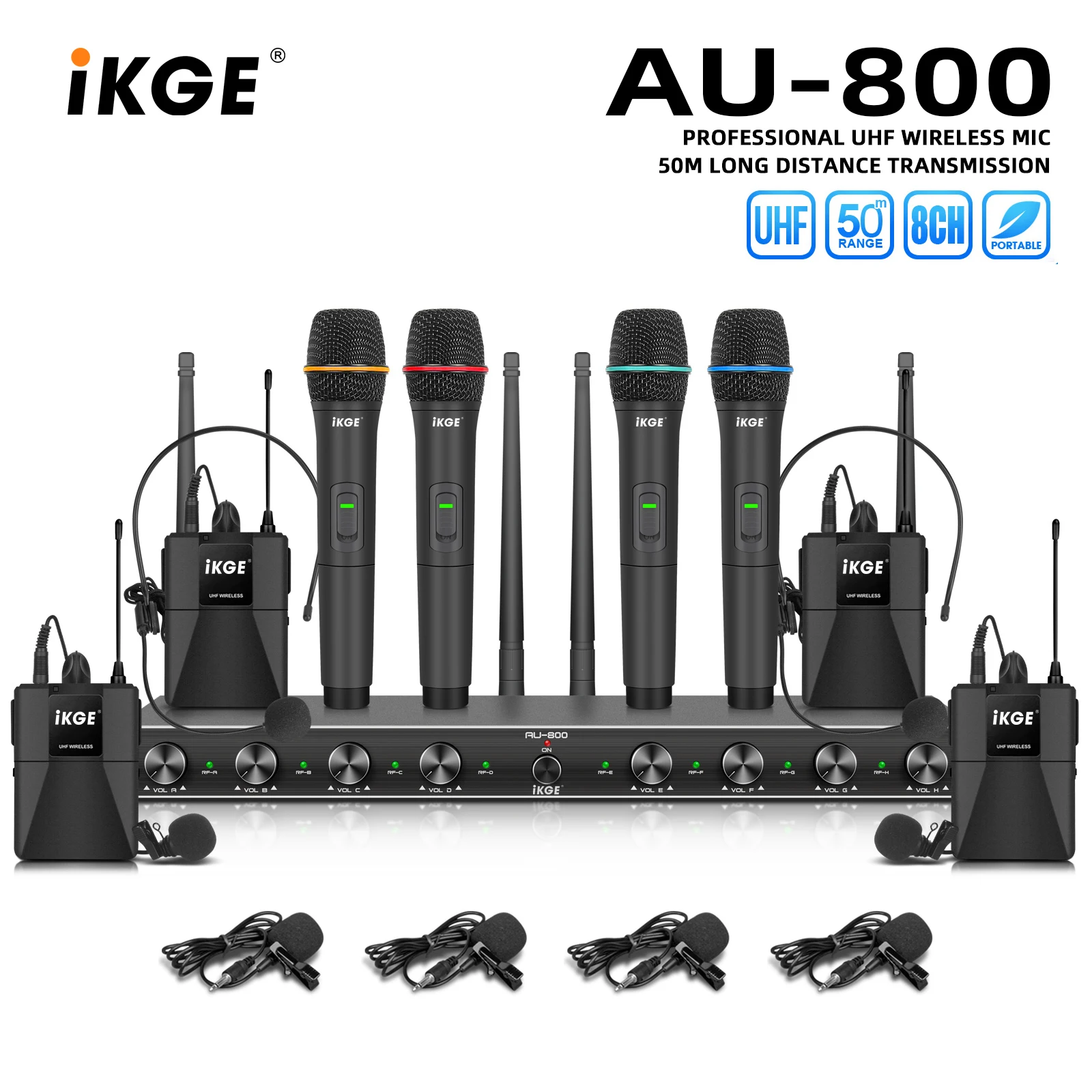 

AU800 UHF Professional Wireless Microphone System for Stage Performance Karaoke, Handheld or Lavalier Microphone and Headset
