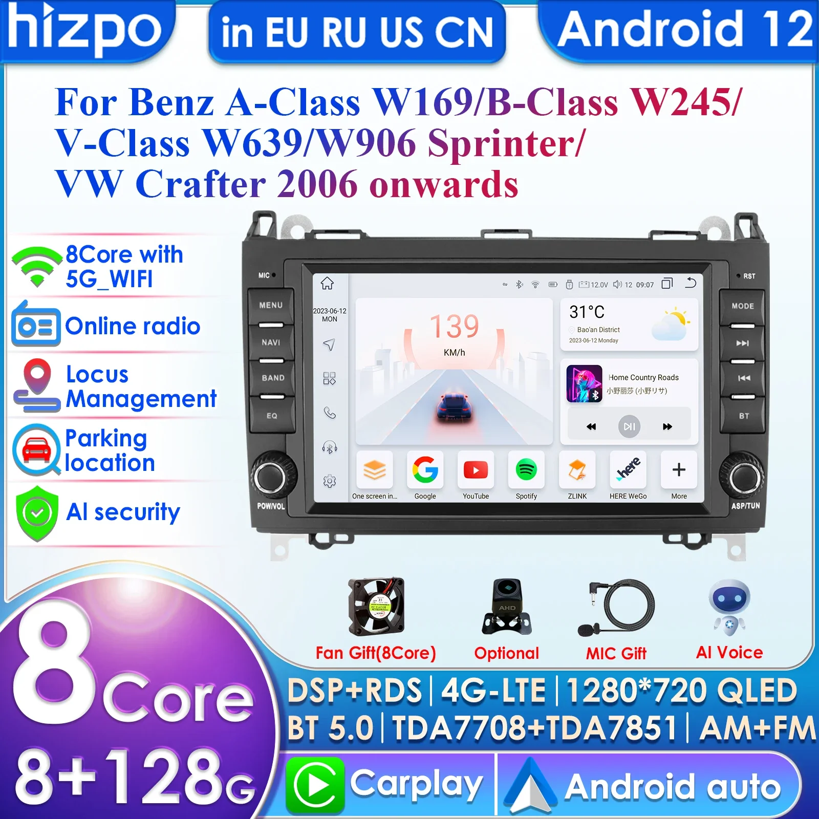 

8" Car Radio for Mercedes Benz W169 W245 B200 W906 Sprinter W639 Vito Wireless CarPlay Android Auto 4G DSP RDS No 2 Din 2din DVD