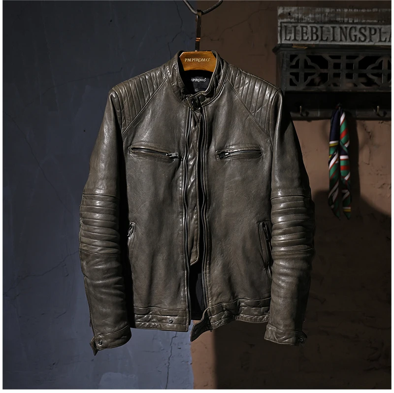 

YR!Free shipping.Luxury Vintage brown tanned sheepskin jacket.Men cool rider genuine leather coat.quality slim biker leather