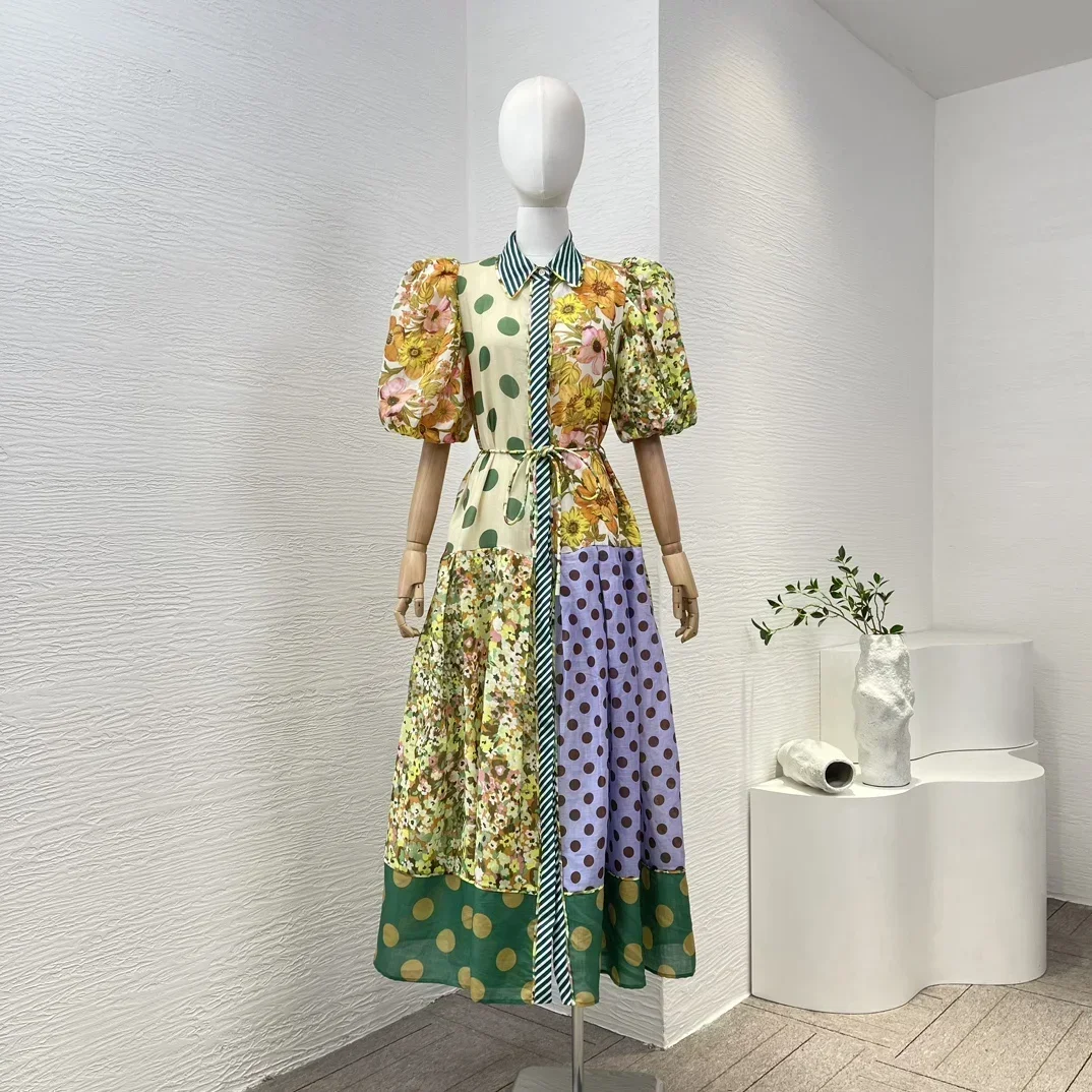 

Self Tie Belt 2024 New Arrivals Ramie High Quality Floral Print Multi Patchwork Short Sleeve Separate Camisole Women Midi Dress
