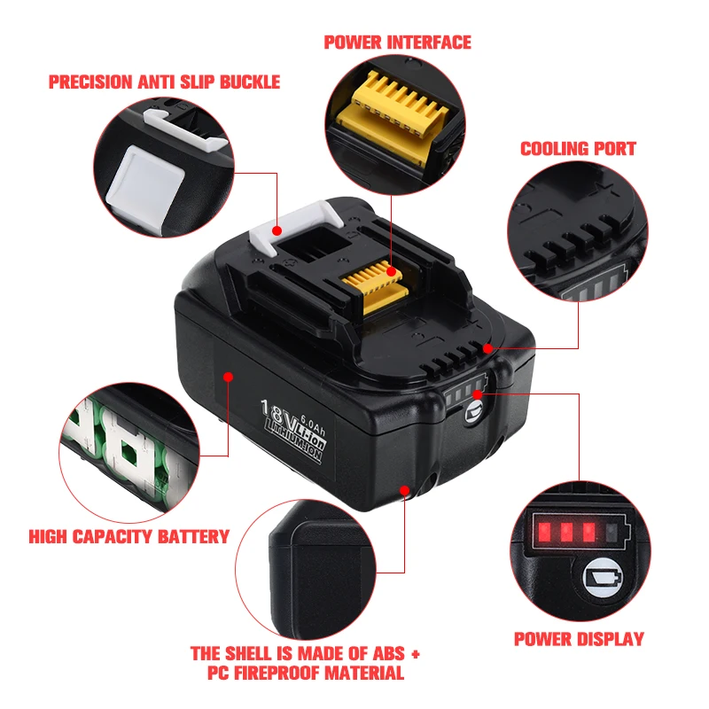 Rechargeable Battery Lithium Ion Battery Replacement Power Tool Battery For Makita Battery 6Ah 9Ah BL1840 BL1850 BL1830 BL1860
Rechargeable Battery Lithium Ion Battery Replacement Power Tool Battery For Makita Battery 6Ah 9Ah BL1840 BL1850 BL1830 BL1860