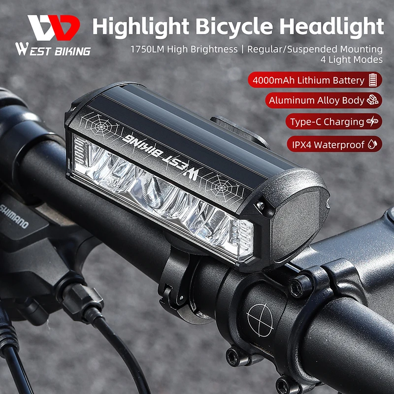 

WEST BIKING 1750 Lumens Bike Light 3 LED Wide Angle Headlights Power Display Type-C Rechargable Cycling Quick Release High Beam