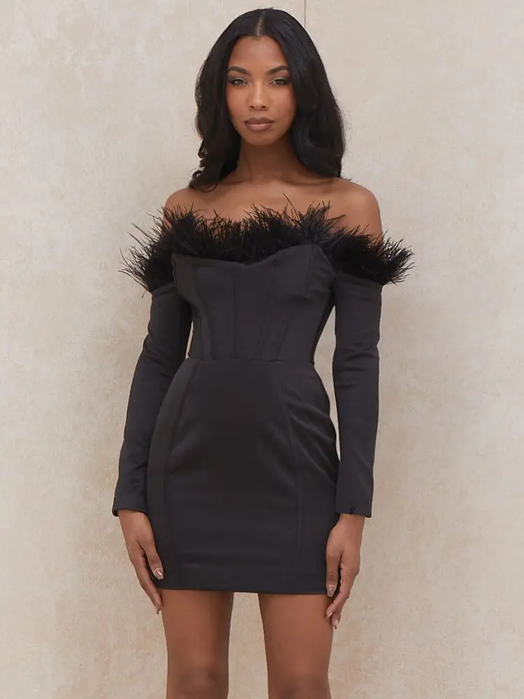 High Quality 2021 New Fashion Sexy Off Shoulder Ostrich Feather One word collar Long Sleeve Winter Bodycon Bandage Dress
High Quality 2021 New Fashion Sexy Off Shoulder Ostrich Feather One word collar Long Sleeve Winter Bodycon Bandage Dress