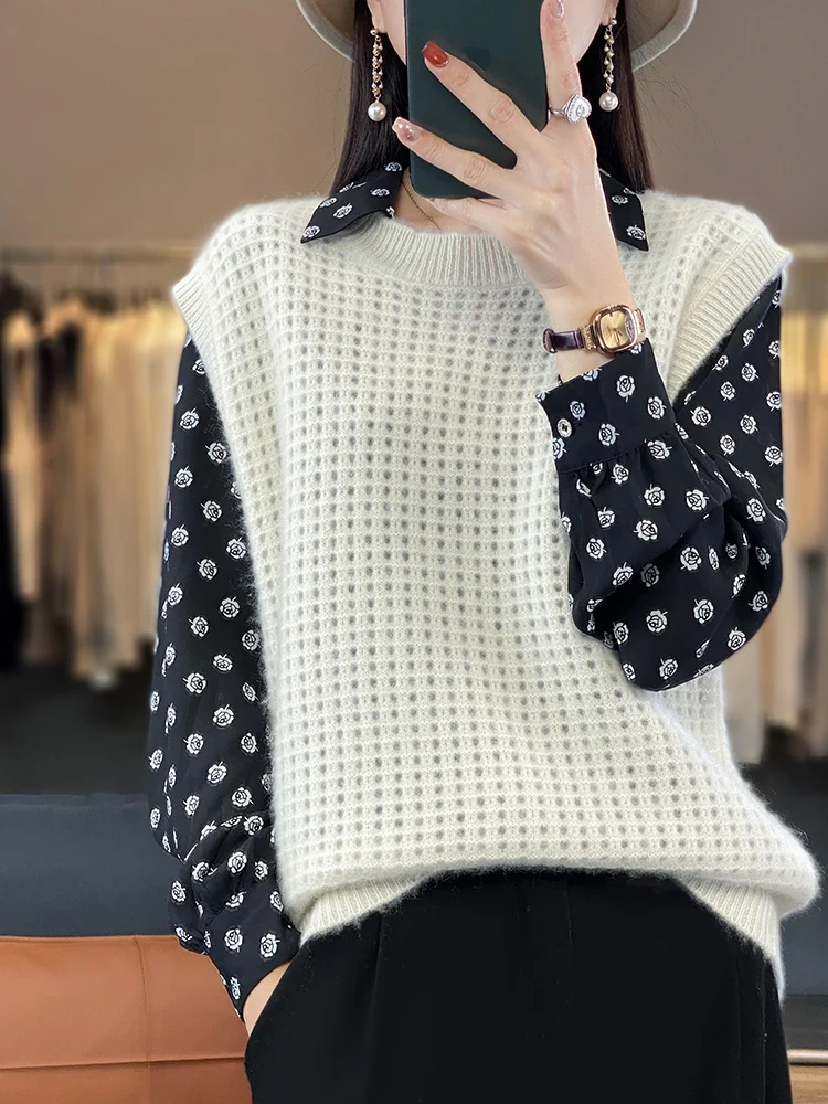 

New Fashion Spring Summer Vest 100% Merino Wool Womens O-neck Sleeveless Pullover 2024 Female Clothing Grace Knitwear Vest