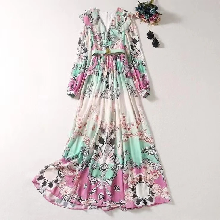 European and American women's clothing 2023 autumn new Long sleeve V-neck ruffled floral print belt Fashion pleated dress XXL
European and American women's clothing 2023 autumn new Long sleeve V-neck ruffled floral print belt Fashion pleated dress XXL