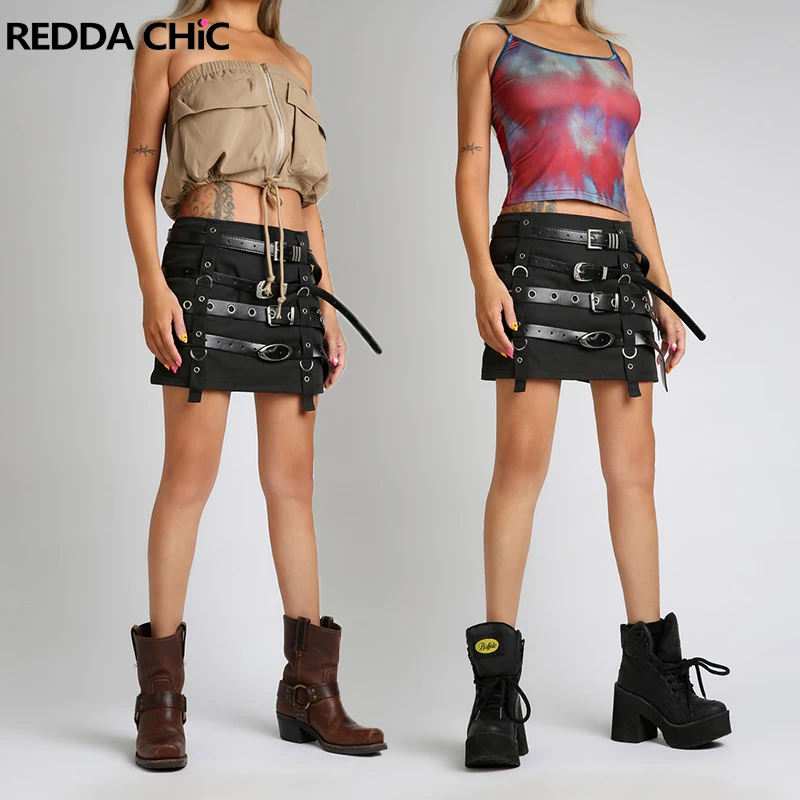 

ReddaChic Cyberpunk Y2k Belted Low Waist Mini Skirt Women Solid Black Goth Deconstructed Bodycon Skirt Harajuku Short Bottoms