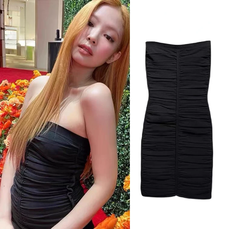 

Kpop Jennie Korean Summer Fashion Black Off-Shoulder Dresses Slim Tights Women 2023 Sexy Casual Evening Party Wrap Chest Dress