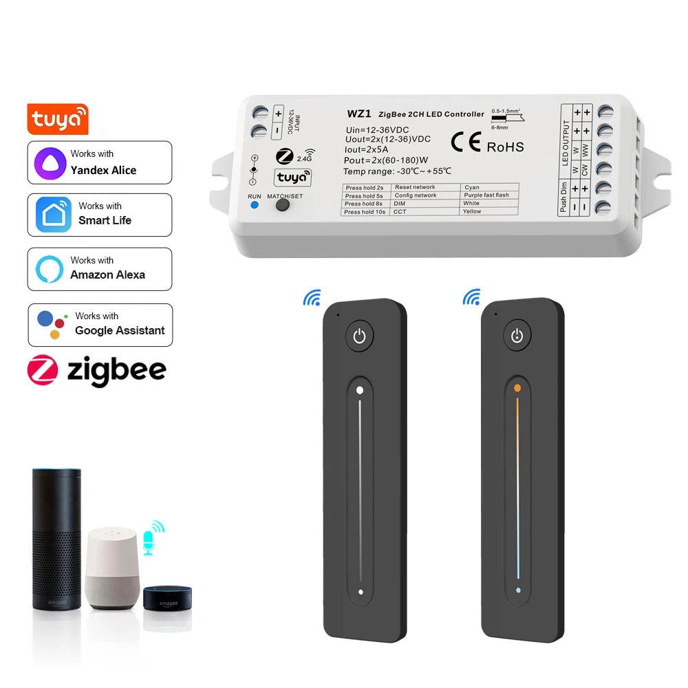 ZigBee RF 2CH LED Controller APP Voice Smart Dimmer 12V 24V 36V LED Strip Dimming Kit Wireless 2.4G RF Remote Control
ZigBee RF 2CH LED Controller APP Voice Smart Dimmer 12V 24V 36V LED Strip Dimming Kit Wireless 2.4G RF Remote Control