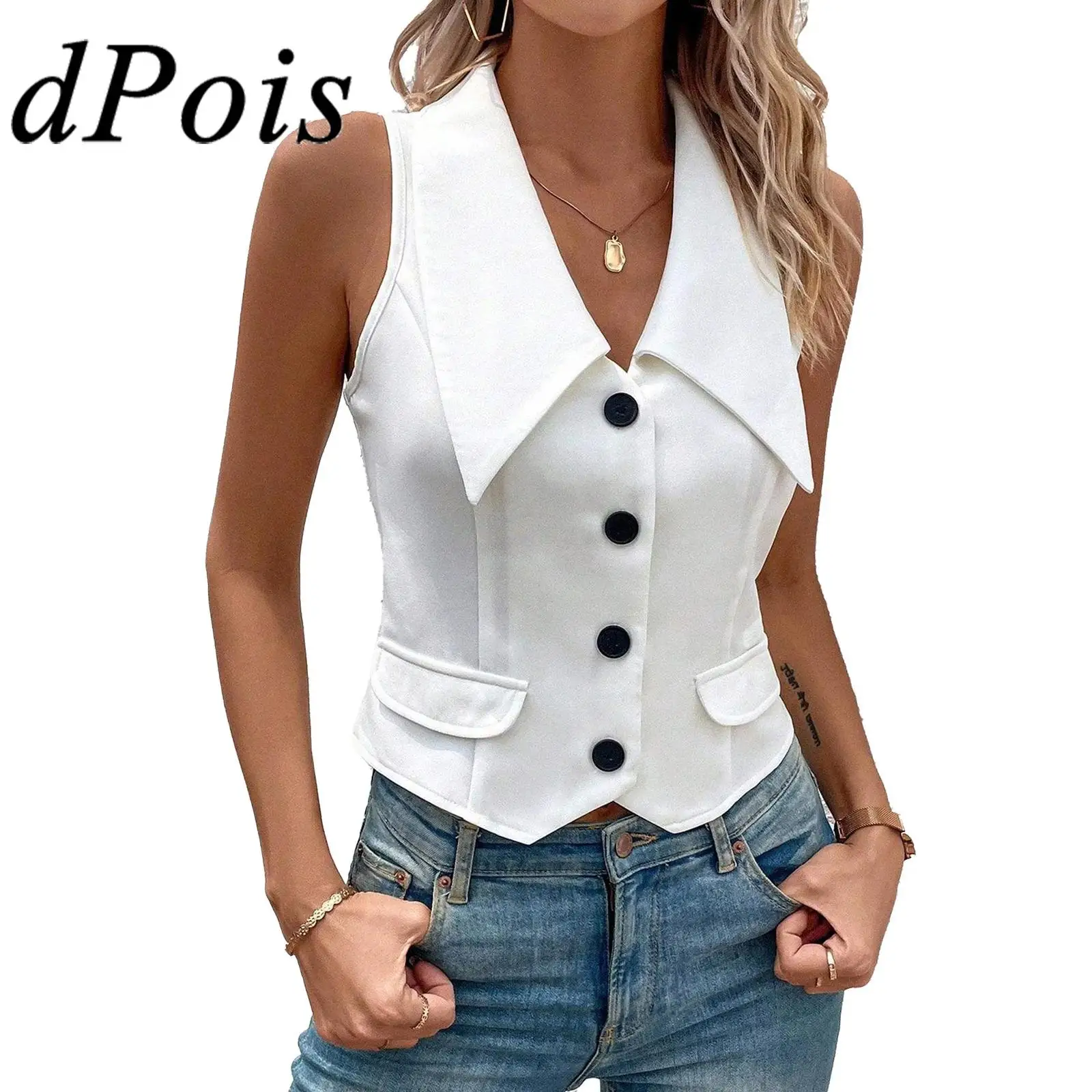 

Womens Vests Solid Color Wide Lapel Single Breasted Pointed Hem Slim Fit Vest Femme OL Waistcoat Top for Office Work Daily Wear