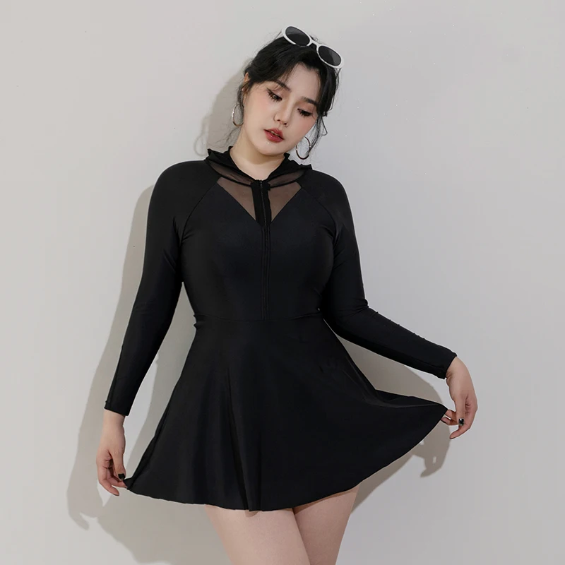 

2024 Womens One Piece Swimsuit Long Sleeve Hooded Plus Size Swimwear Skirted Front Zpper Tummy Control Bathing Suits Swimdress