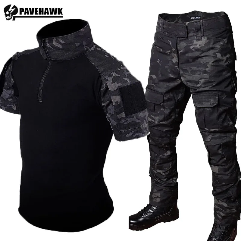 

Camo Combat Set Mens Summer Tactics Short Sleeved T-shirt+Multi Pocket Waterproof Cargo Pants Suits Outdoor Hunting Uniform