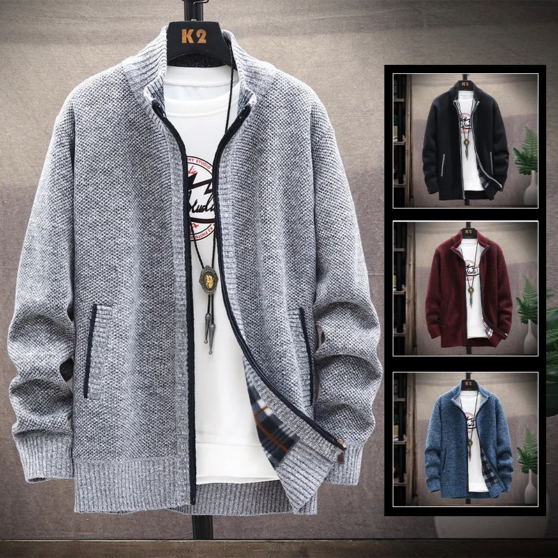 

Корейский стиль, популярная одежда, зимние мужские джемперы, повседневное пальто, вязаный свитер, мужской теплый флисовый кардиган на молнии