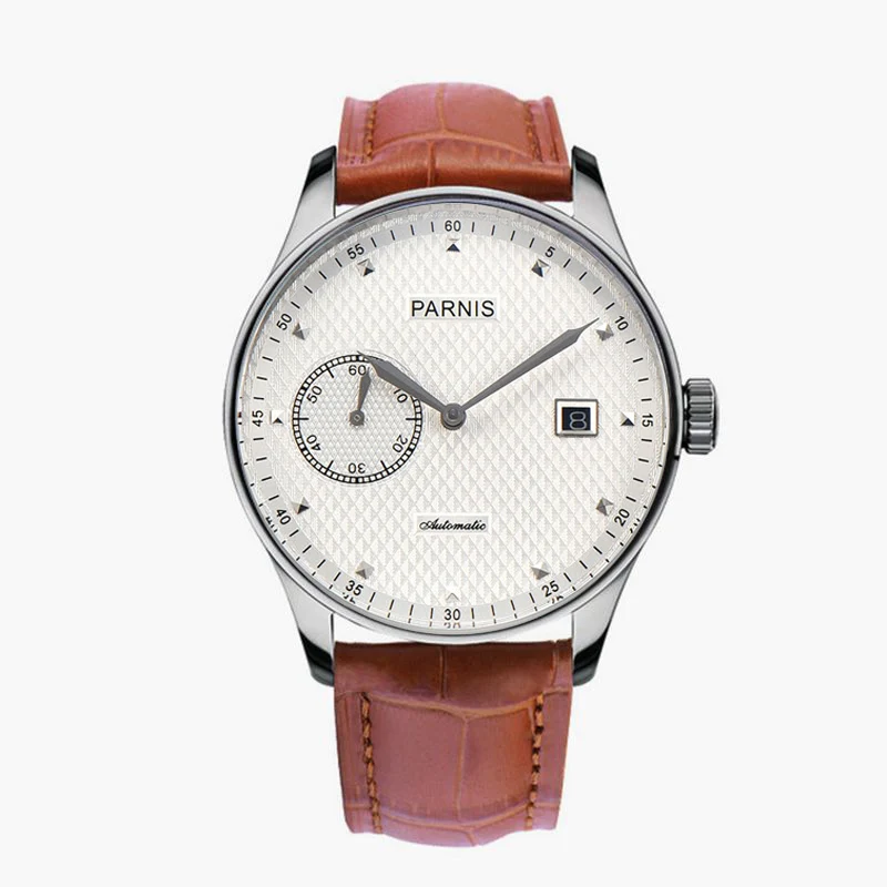 

Fashion Parnis 43mm White Dial Automatic Mechanical Men's Watch Brown Leather Strap Calendar Wristwatches For Men reloj hombre