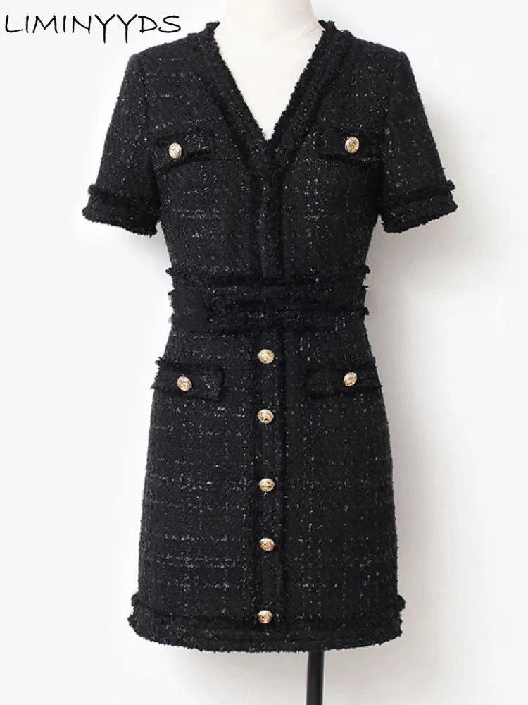 

Elegant Black Socialite Spring / Autumn Tweed Thin Women's Dress Small Fragrance Style 2022 New Bright Wire Braided Mini Dress