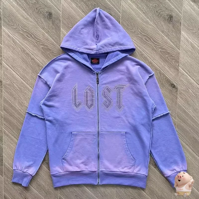 

24SS New Best Quality Vintage Lost intricacy Lavender Zip Up Patchwork Hoodie Men Women Oversize Hooded