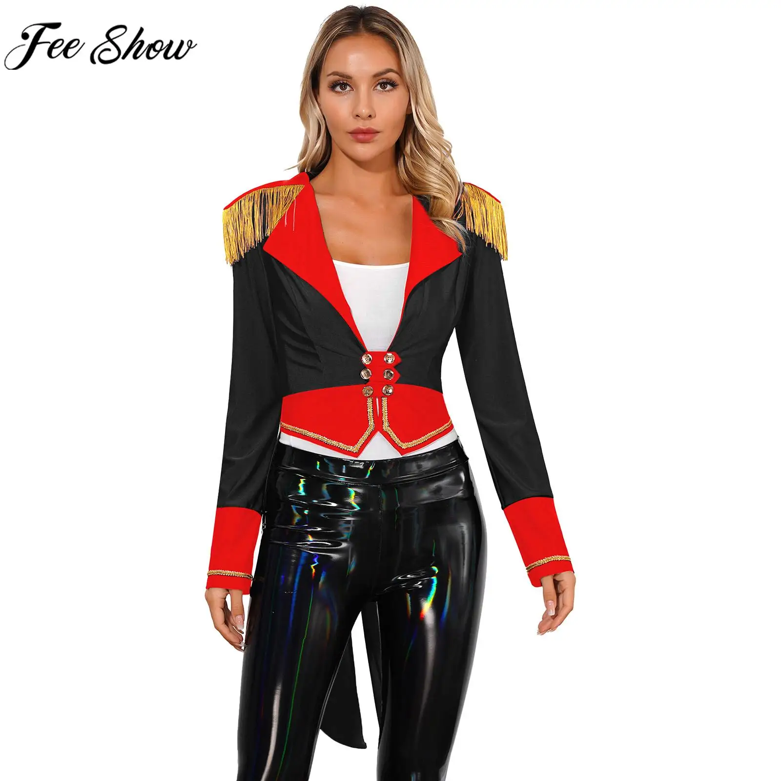 

Womens Halloween Circus Ringmaster Showman Cosplay Performance Costume Long Sleeve Jacket Tailcoat for Theme Party Carnival