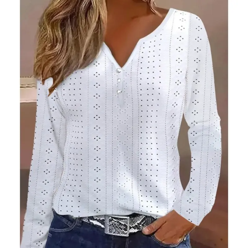 Spring New Long Sleeved V-neck Hollowed Out Solid Color Patchwork Shirt For Women's Elegant White Loose Fitting Pullover Blouses
Spring New Long Sleeved V-neck Hollowed Out Solid Color Patchwork Shirt For Women's Elegant White Loose Fitting Pullover Blouses