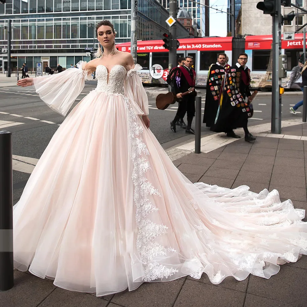 

Романтическое бальное платье, свадебные платья 2024, милое с кружевной аппликацией, свадебное платье с бисером, съемным рукавом, тюлевые платья