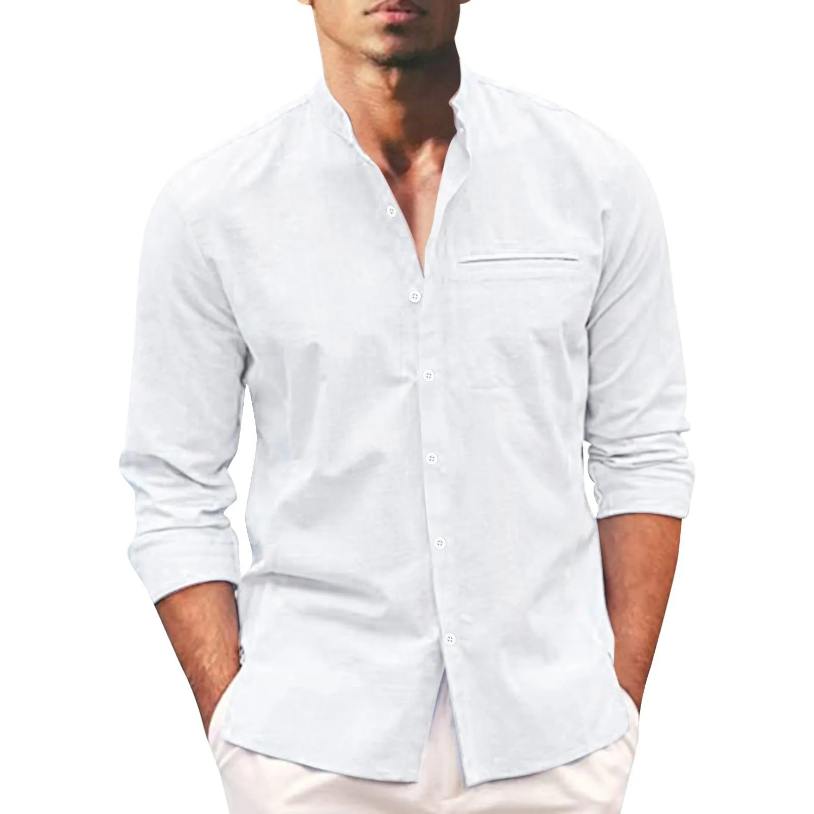 

Рубашка мужская с воротником-стойкой, модная Повседневная блуза с длинным рукавом, на пуговицах, из хлопка и льна, однотонная свободная Изысканная сорочка, лето