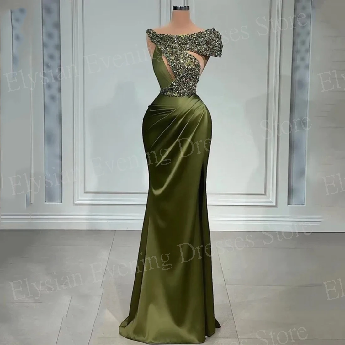 

2024 Classic Sexy Green Women's Mermaid Modern Shiny Evening Dresses Sleeveless Scoop Neck Prom Gowns Sequined Robes De Soirée