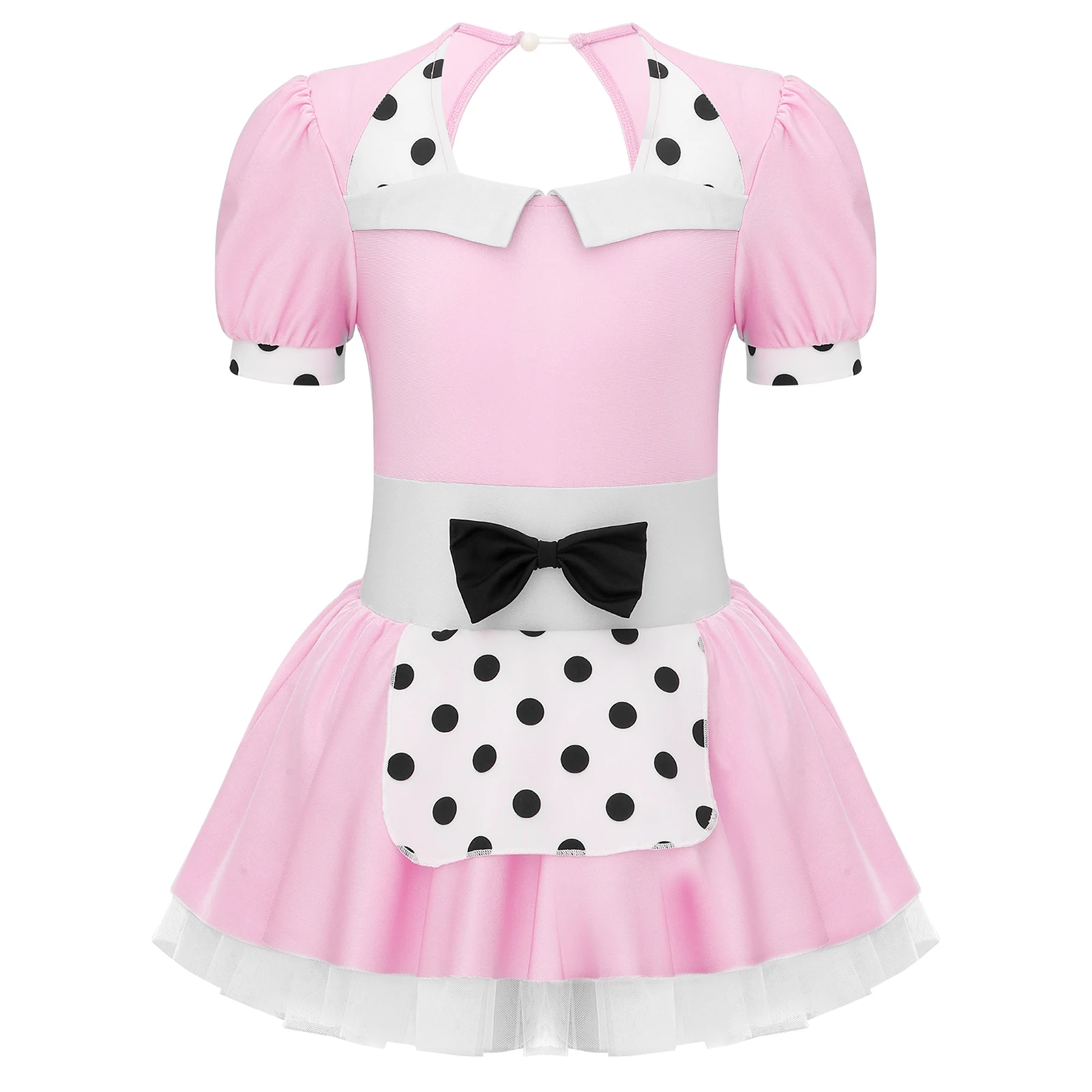 

Kids Girls Maid Cosplay Dress Short Sleeve Polka Dots Print Bowknot Decor Mesh Dance Tutu Halloween Party Role Play Costume