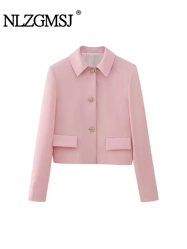 

Nlzgmsj TRAF Spring Autumn Pink Cropped Blazer for Women Office Women's Blazers Coat Long Sleeve Jacket Women New Outerwears